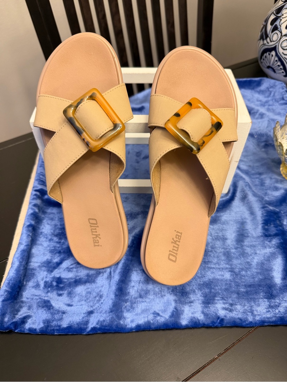 OluKai Tan Crossover Slide Sandals with Tortoiseshell Buckle